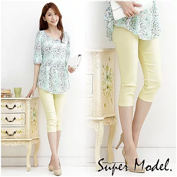 [名模衣櫃]纖細美腿馬卡龍曲線雕塑七分褲M黃色