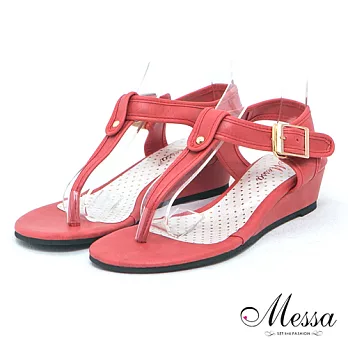【Messa米莎】(MIT) 簡約提案金屬扣飾T字楔型涼鞋35紅色