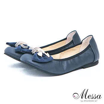 【Messa米莎】(MIT)華麗狂水鑽耀眼蝴蝶結內真皮平底娃娃鞋36藍色