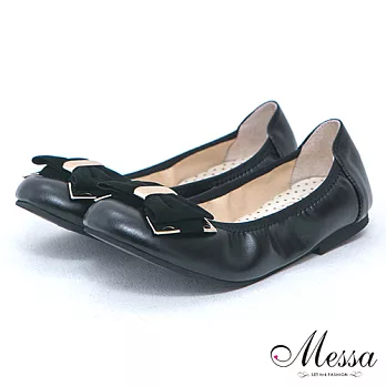 【Messa米莎】(MIT)時尚歐美金屬光澤蝴蝶結內真皮平底娃娃鞋36黑色