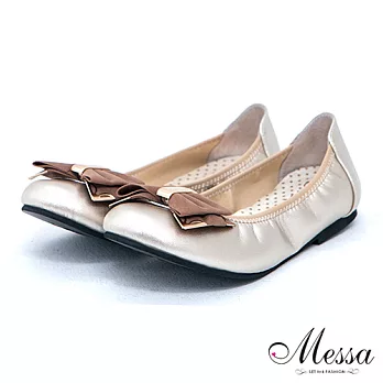 【Messa米莎】(MIT)時尚歐美金屬光澤蝴蝶結內真皮平底娃娃鞋39香檳色