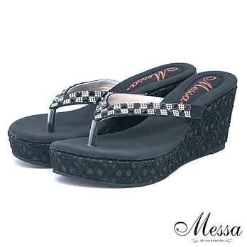 【Messa米莎】(MIT)寶石方塊水鑽雕花楔型夾腳涼拖鞋38黑色
