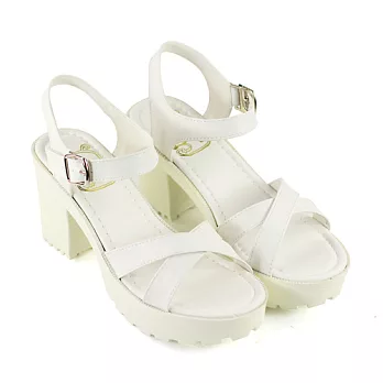 ◤Green Phoenix◥交叉後側扣粗跟涼鞋24白色