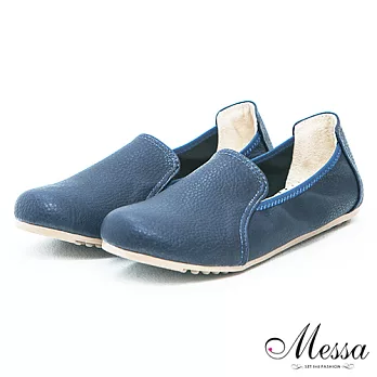 【Messa米莎】(MIT)素面百搭好好穿內真皮平底樂福鞋38藍色