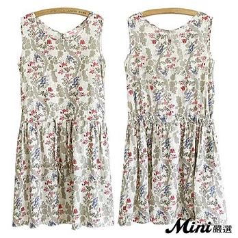 洋裝 森林系繫帶寬鬆棉麻無袖碎花連身洋裝-Mini嚴選-FREE*