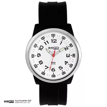 日本原裝進口時尚腕錶品牌 AMPM Survive series 生存A系列 - 日本機芯 100米日常生活防水黑色(白面黑錶帶)