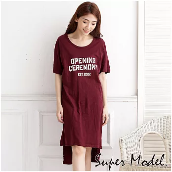 [名模衣櫃]字母印花前後不對稱透膚長版Tee-酒紅FREE酒紅