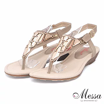 【Messa米莎】(MIT)個性金屬片裝飾楔型夾腳涼鞋38米色