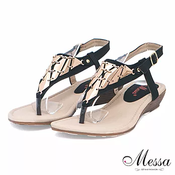 【Messa米莎】(MIT)個性金屬片裝飾楔型夾腳涼鞋37黑色