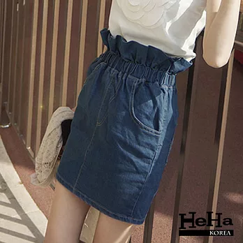 短裙 荷葉邊抓皺包臀牛仔短裙 深藍-HeHa-M*