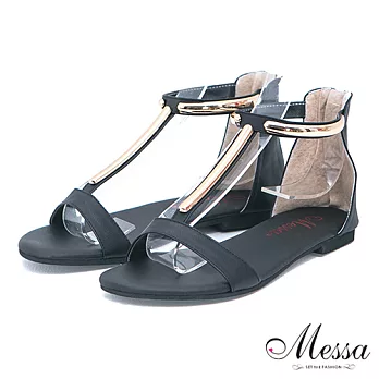 【Messa米莎】(MIT)韓系前衛金屬風格內真皮T字平底涼鞋36黑色