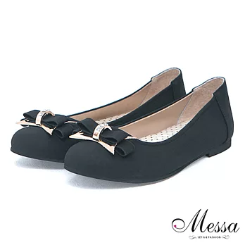 【Messa米莎】(MIT)精緻鑽飾優美蝴蝶結內真皮平底包鞋36黑色
