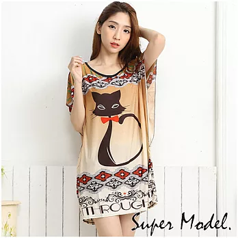 【名模衣櫃】冰絲涼感圖樣洋裝-咖啡貓(適穿M-XXL)FREE咖啡貓