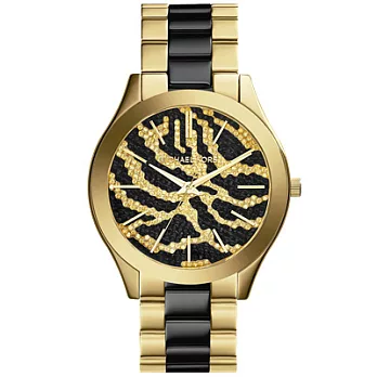 Michael Kors 氣質狂野豹紋晶鑽腕錶-金X黑