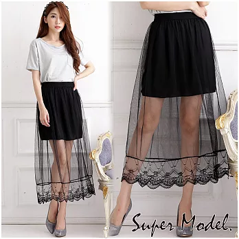 【名模衣櫃】氣質蕾絲圖樣透膚長紗裙-黑FREE 黑色