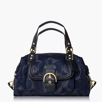 COACH織布皮飾邊馬鞍扣配飾波士頓包_深藍色