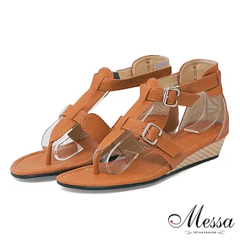 【Messa米莎】(MIT)自然個性羅馬內真皮楔型夾腳涼鞋36橘色