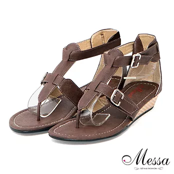【Messa米莎】(MIT)自然個性羅馬內真皮楔型夾腳涼鞋35咖啡色