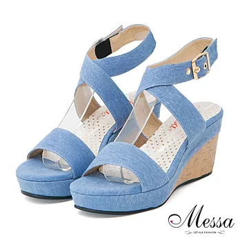 【Messa米莎】(MIT)森林女孩交叉繫踝楔型跟鞋36藍色
