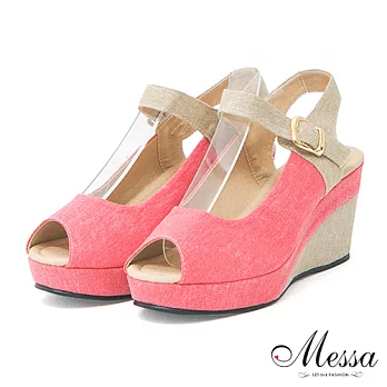 【Messa米莎】(MIT)氣質滿點雙色拼接魚口楔型涼鞋35粉色