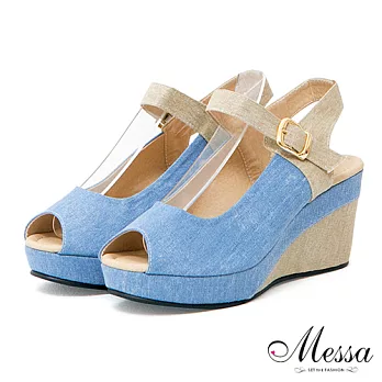 【Messa米莎】(MIT)氣質滿點雙色拼接魚口楔型涼鞋35藍色