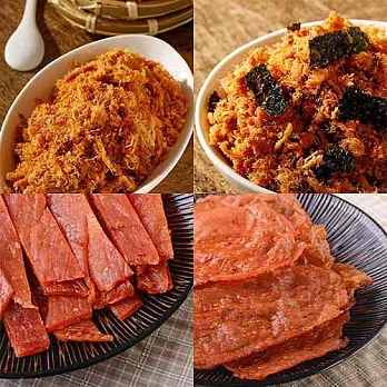 【巧口極味肉品】全家餐A組(低脂精緻肉鬆+海苔肉鬆+ 金桔檸檬肉干(泰式)+蒜味豬肉紙)