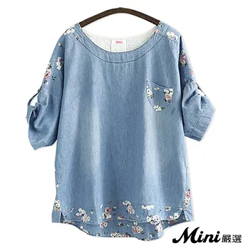 上衣 牛仔寬鬆加大碎花可反折蝙蝠袖上衣 二色-Mini嚴選-FREE(紅花)