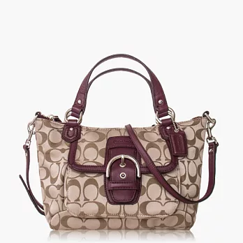 COACH織布皮飾邊馬鞍扣配飾波士頓包(小款)_卡其/暗紅