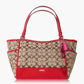 COACH織布皮飾邊肩背托特包_紅色