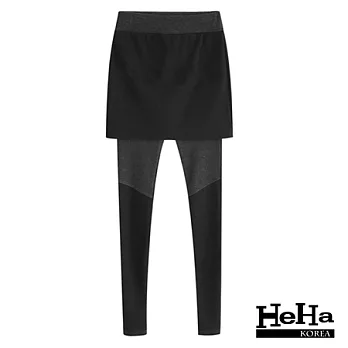 內搭褲 高彈力拼接假兩件九分內搭褲 三色-HeHa-FREE(黑色)