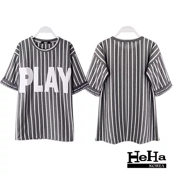 T恤 條紋字母印花寬鬆短袖T恤 深灰-HeHa-FREE*