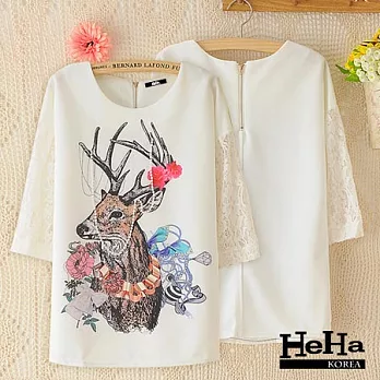 上衣 寬鬆拼接蕾絲袖上衣 白色-HeHa-FREE*