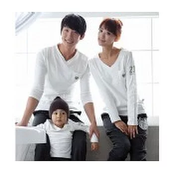 [親子裝]GU系V領愛心薄棉長袖棉T親子裝情侶裝-(媽咪)S白