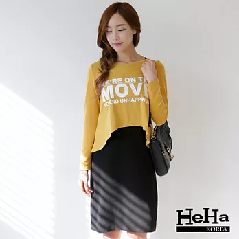 洋裝 寬鬆百搭兩件式印花上衣背心裙裝 黃色+黑色-HeHa-M*