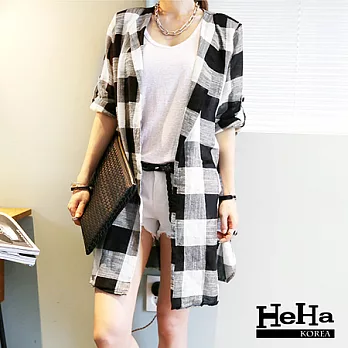 罩衫 黑白方格西裝領中長版外罩衫-HeHa-FREE*