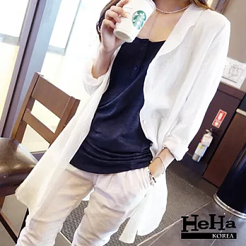 外套 薄款棉麻開叉下擺長版罩衫 米白-HeHa-M*