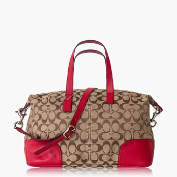 COACH 實用款織布肩背/斜背兩用包_卡其/紅