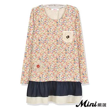 洋裝 日系印花拼接雪紡連身裙 二色-Mini嚴選-FREE(米色)