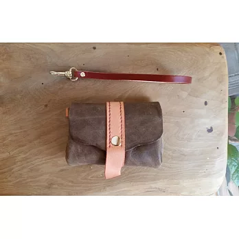 [Mestudio] 手縫真皮牛皮大地包裂紋超大容量雙色零錢包/手腕包粉橘