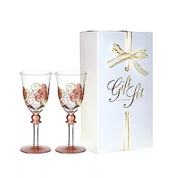 Madiggan手工彩繪玻璃玫瑰香檳對杯禮盒-粉紅色