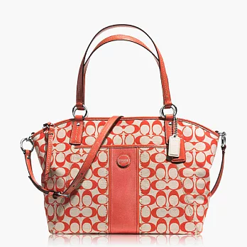 COACH 直條紋織布皮飾邊肩背/斜背兩用貝殼包_淺卡其/橘色