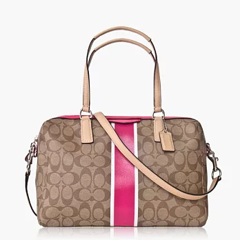 COACH 直條 PVC材質兩用波士頓包_卡其/桃紅