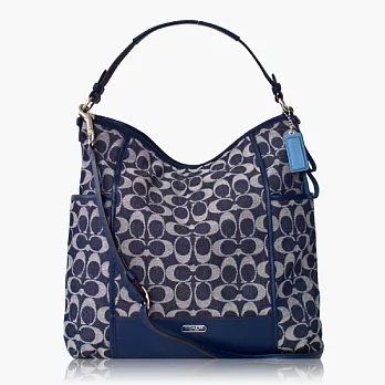 COACH 織布皮飾邊造型手提/斜肩背兩用包(大款)_深藍色