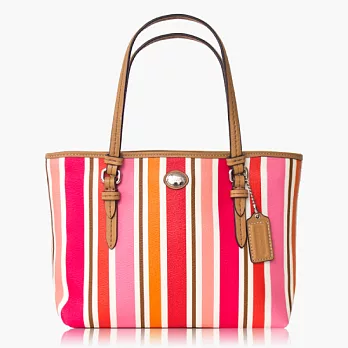 COACH 直條紋雙色PVC 印花材質皮飾邊手提托特包(小款) _桃彩色