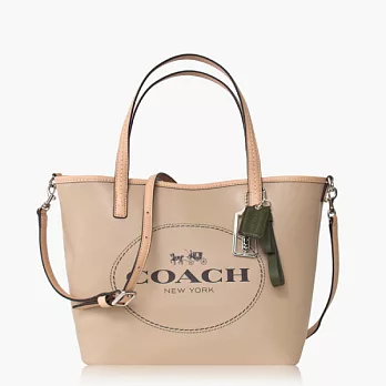 COACH 十字紋防刮皮革肩背兩用托特包(中型)_米色