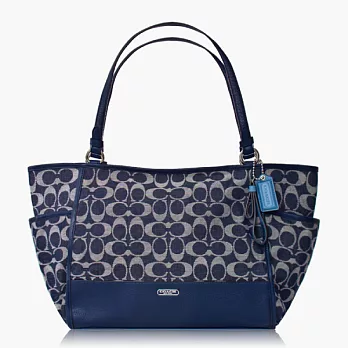 COACH織布皮飾邊肩背托特包_深藍色