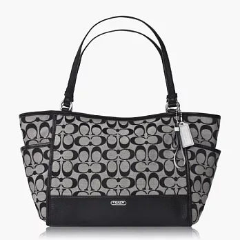 COACH織布皮飾邊肩背托特包_黑灰色