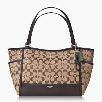 COACH織布皮飾邊肩背托特包_咖啡色