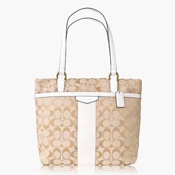 COACH 直條 織布皮飾邊肩背托特包_白色