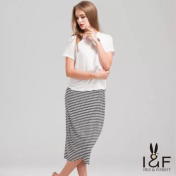 【INF】歐美簡約舒適橫條紋棉質窄裙14049S黑色